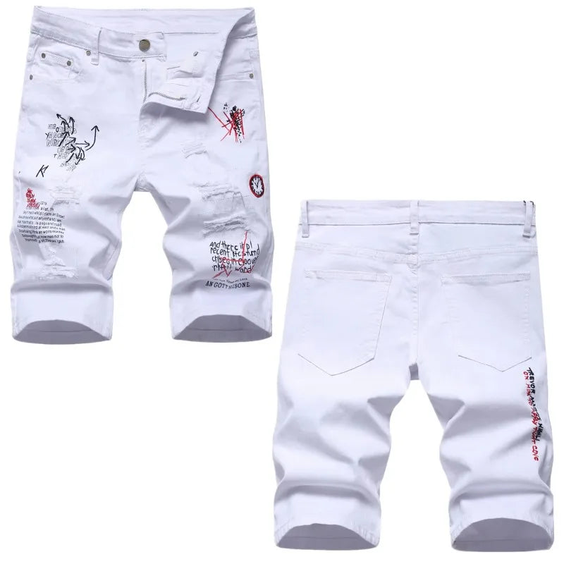 Herren Sommer Weiße Ripped Denim Shorts Male Löcher Kurze Jeans Neue Mode Streetwear Stretch Jeans Shorts Hosen Gerader Schnitt Jeans