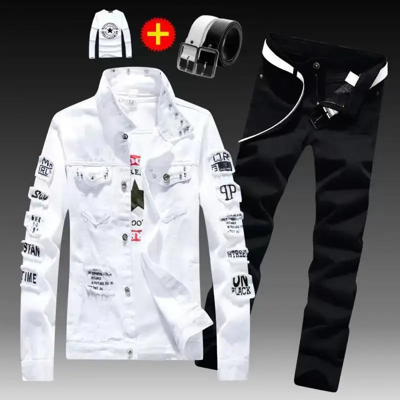 Frühling Herbst Herren Jeansjacke + Jeanshosen Set Mode Einreiher Mantel Hose Zweiteiliger Denim-Anzug