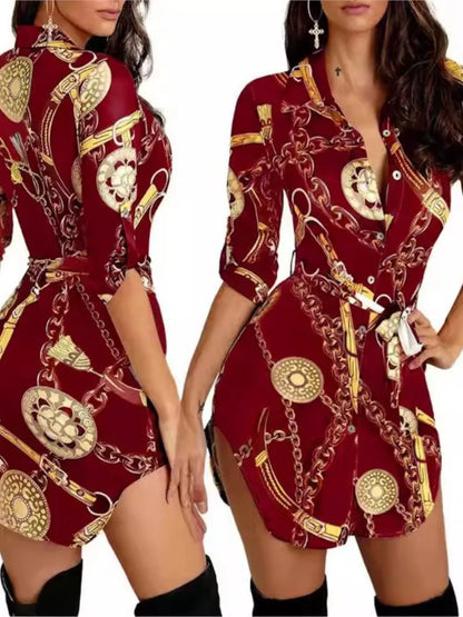 Autumn New Women's Dress Fashionable Sexy Gold Chain Slim Fit Printed Single Breasted Lace Up Waist Cinching Short Skirt