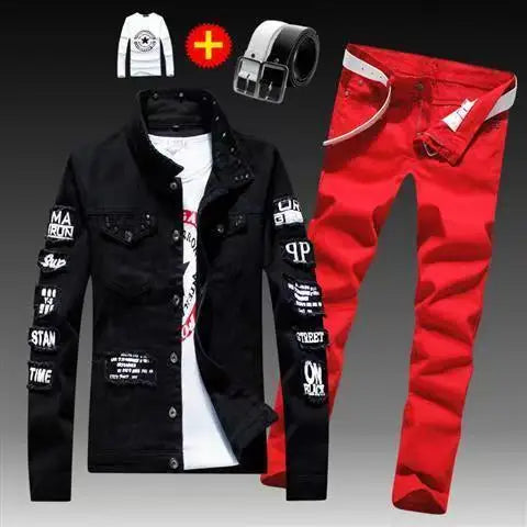 Frühling Herbst Herren Jeansjacke + Jeanshosen Set Mode Einreiher Mantel Hose Zweiteiliger Denim-Anzug