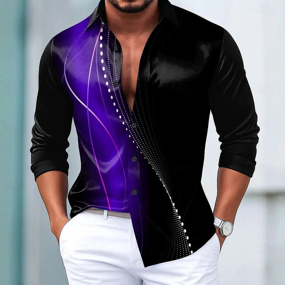New men's geometric gradient line satin shirt, fashionable casual vacation day wear, lapel 3D printed button up shirt