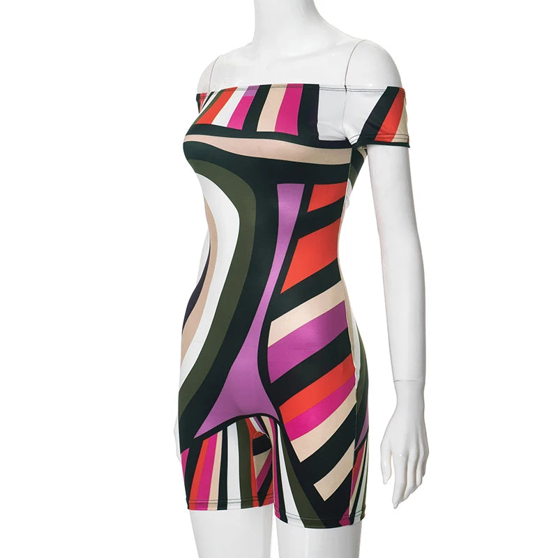 CUTENOVA Colorful Striped Print Playsuits Women Sexy Off Shoulder Short Sleeve Slim One Piece Overalls 2024 Summer Y2K Streetwea