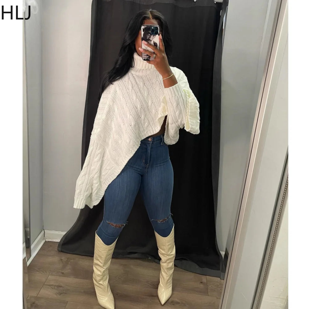 HLJ Fashion Streetwear Women Knit Solid Turtleneck Pullover Casual Long Sleeve Loose Irregular Sweater Autumn Female Clothes Top