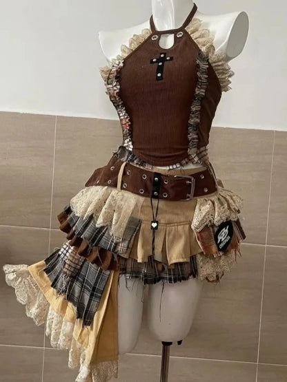 Summer Vintage Elegant Y2K Woman 2 Piece Sets Punk Gothic Strapless Crop Tops +High Waist Ruffle Skirt Female Party Outfits