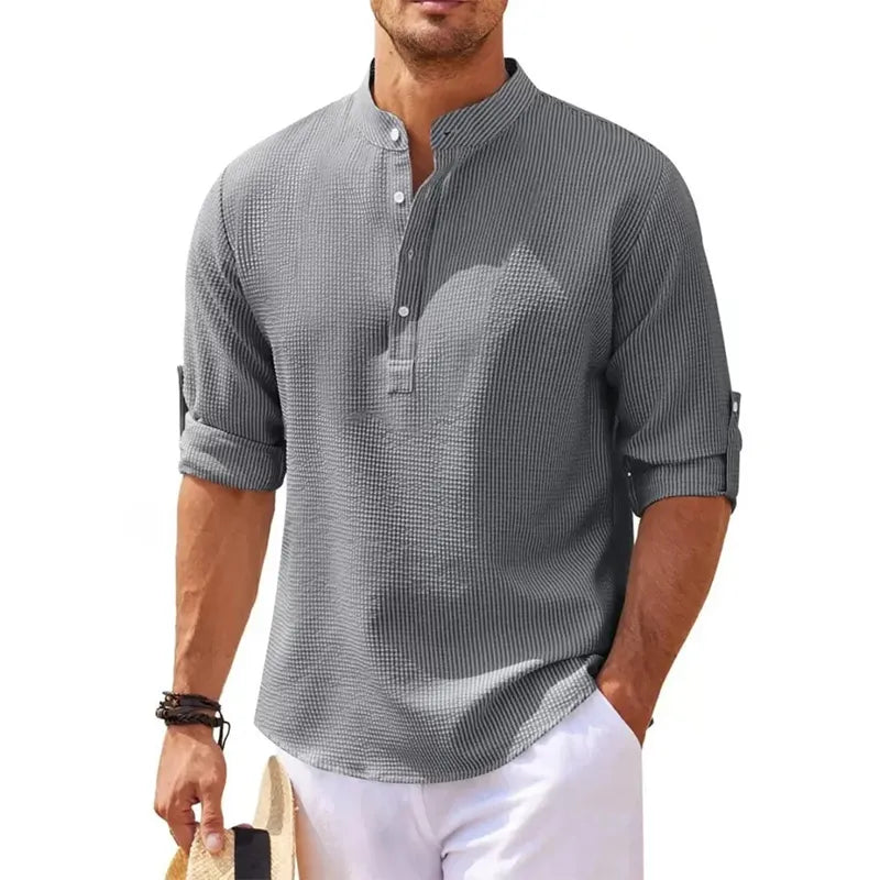 Cotton Linen Hot Sale Men's Long-Sleeved Shirts Spring Autumn Solid Color Stand-Up Collar Casual Beach Style Plus Size S-5XL