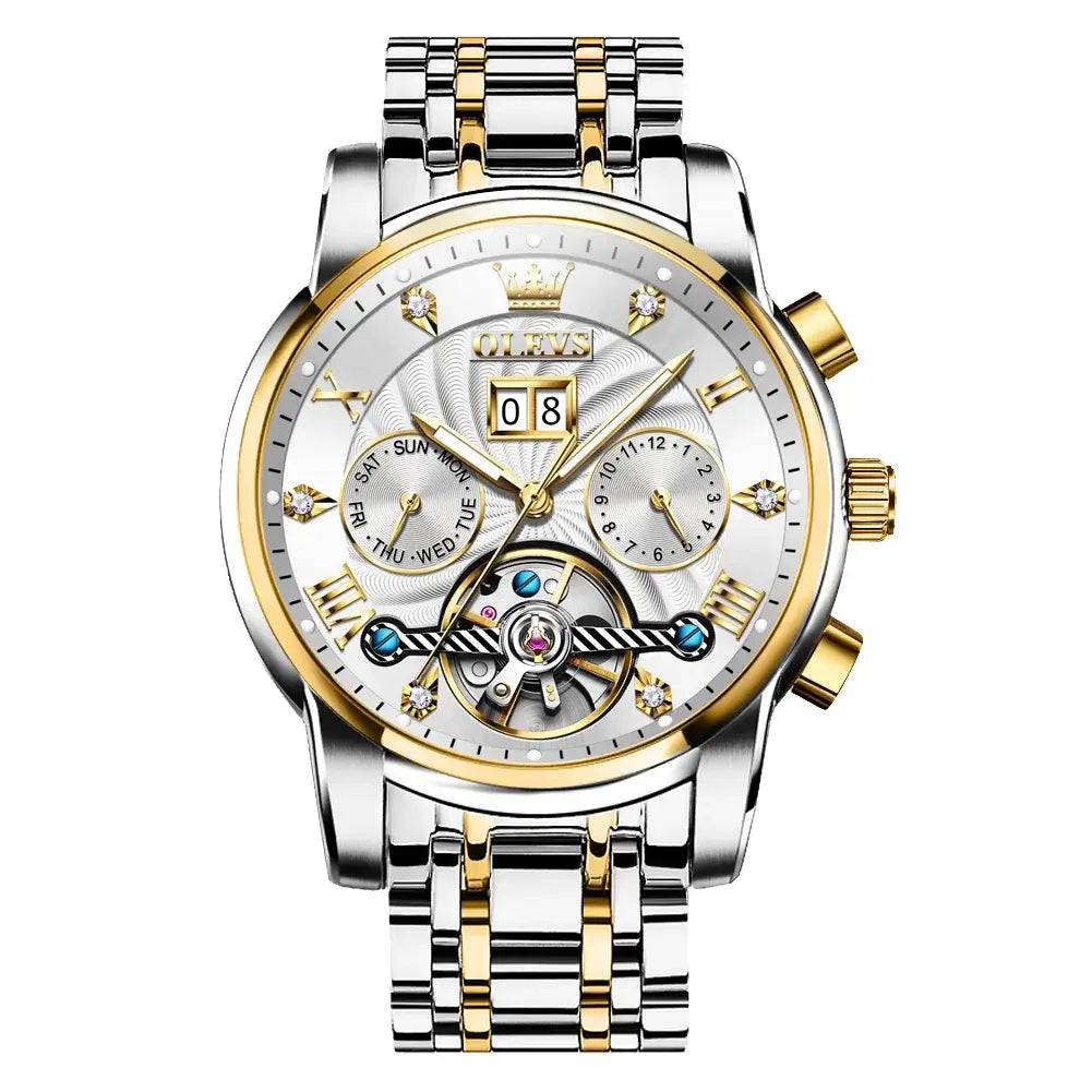 OLEVS Classic Men's Watches Tourbillon Multi-function Full Automatic Men Watch High end Male Wristwatches Mechanical Watch 9910 with silver and gold design.