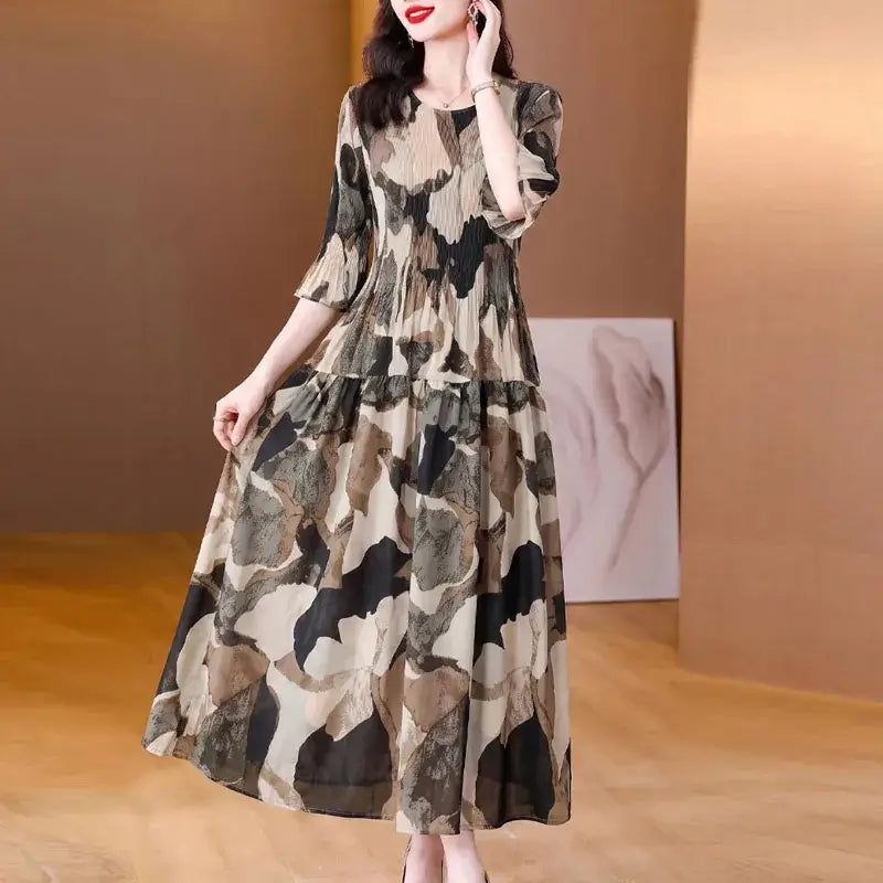 Elegante Damenkleider 2026 mit O-Ausschnitt und Print, schmal geschnitten, Falten, A-Linie, Damen-Vestidos De Verano Mujer Q6292