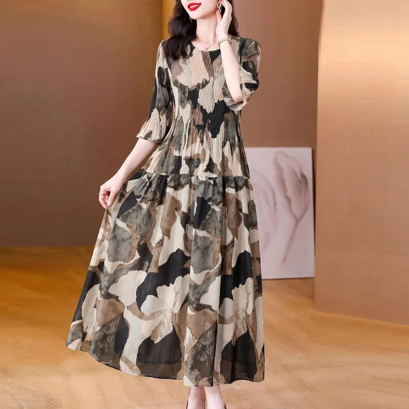 2026 Fashion Dresses for Women Elegant O-Neck Print Women Dress Slim Folds A-LINE Dress Women Vestidos De Verano Mujer Q6292