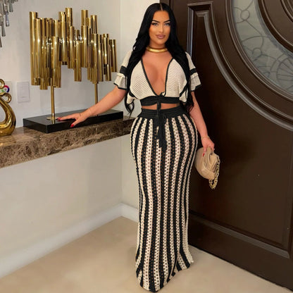 Summer 2 Pieces Women Sets Streetwear Beach Elegant Knitted Sexy V-Neck Hollow Striped Short Sleeve Top Two Piece Maxi Skirt Set