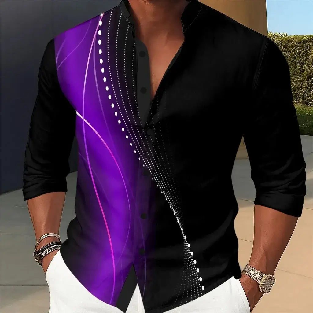 Neues Herrenhemd mit geometrischem Farbverlauf, aus Satin, modisches Freizeit-Hemd für den Urlaub, Revers, 3D-gedrucktes Hemd mit Knöpfen