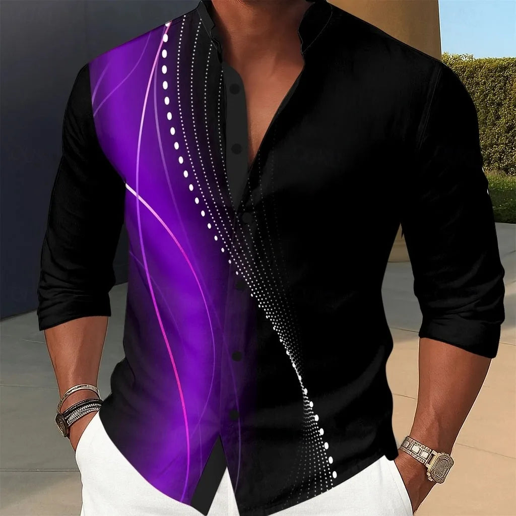New men's geometric gradient line satin shirt, fashionable casual vacation day wear, lapel 3D printed button up shirt