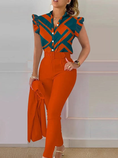 Spring Summer Women's New Printed Lotus Leaf Sleeveless Shirt Suit Elegant Slim Femal Office  Long Pants Belt Two Piece Set