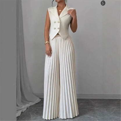 Summer Women's Fashionable Casual Lapel Suit Elegant Commuting Solid Color Sleeveless Top + Trousers Sexy Two-piece Set