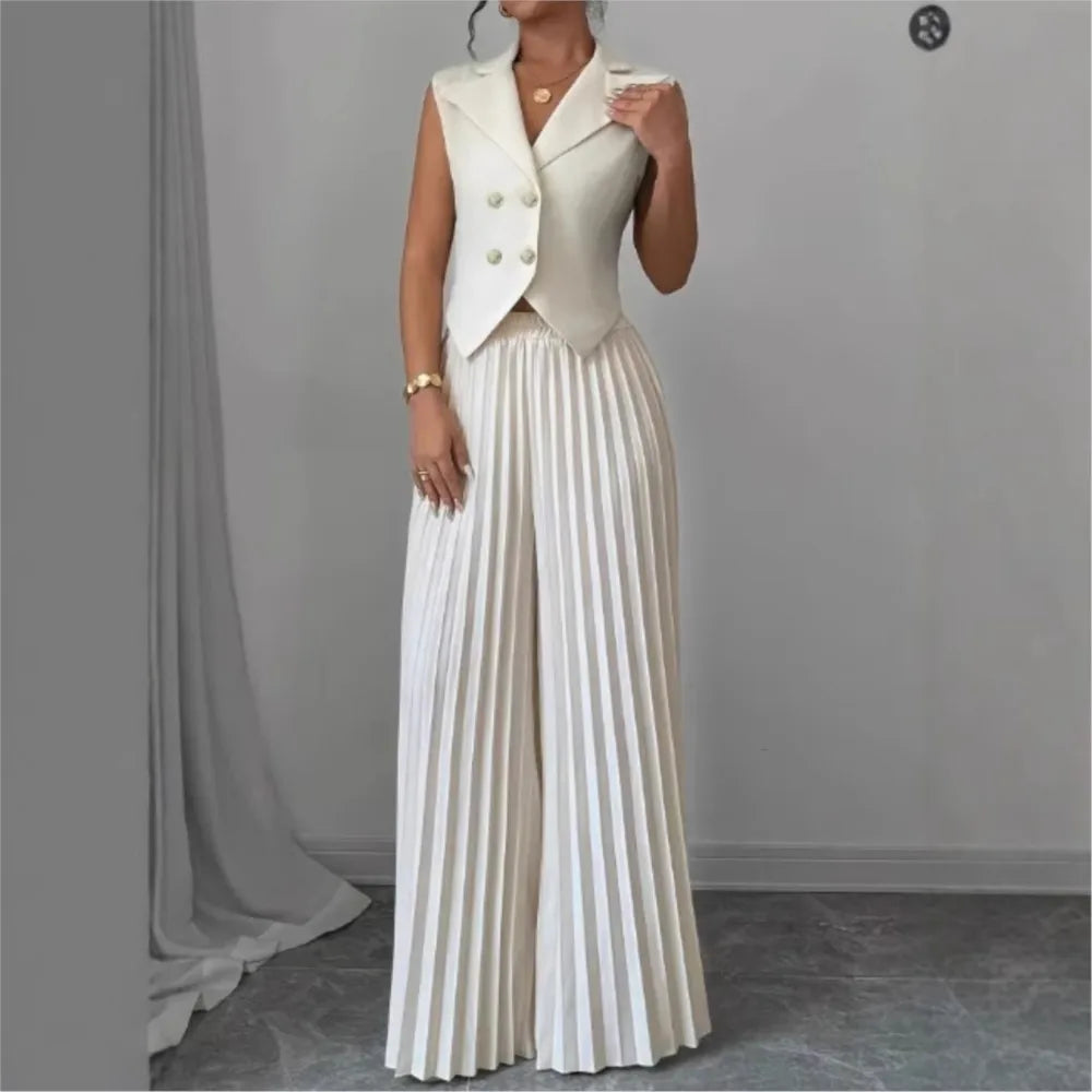 Summer Women's Fashionable Casual Lapel Suit Elegant Commuting Solid Color Sleeveless Top + Trousers Sexy Two-piece Set