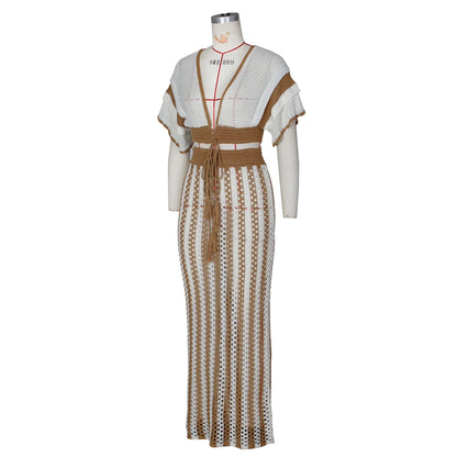 Summer 2 Pieces Women Sets Streetwear Beach Elegant Knitted Sexy V-Neck Hollow Striped Short Sleeve Top Two Piece Maxi Skirt Set