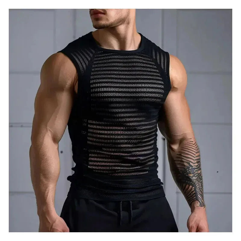 Men's Leather Stitching Net Shirt Motorcycle Leather Vest Top Sexy See-through Hooded Vest Muscular Men Fitness Vest Tank Top Me