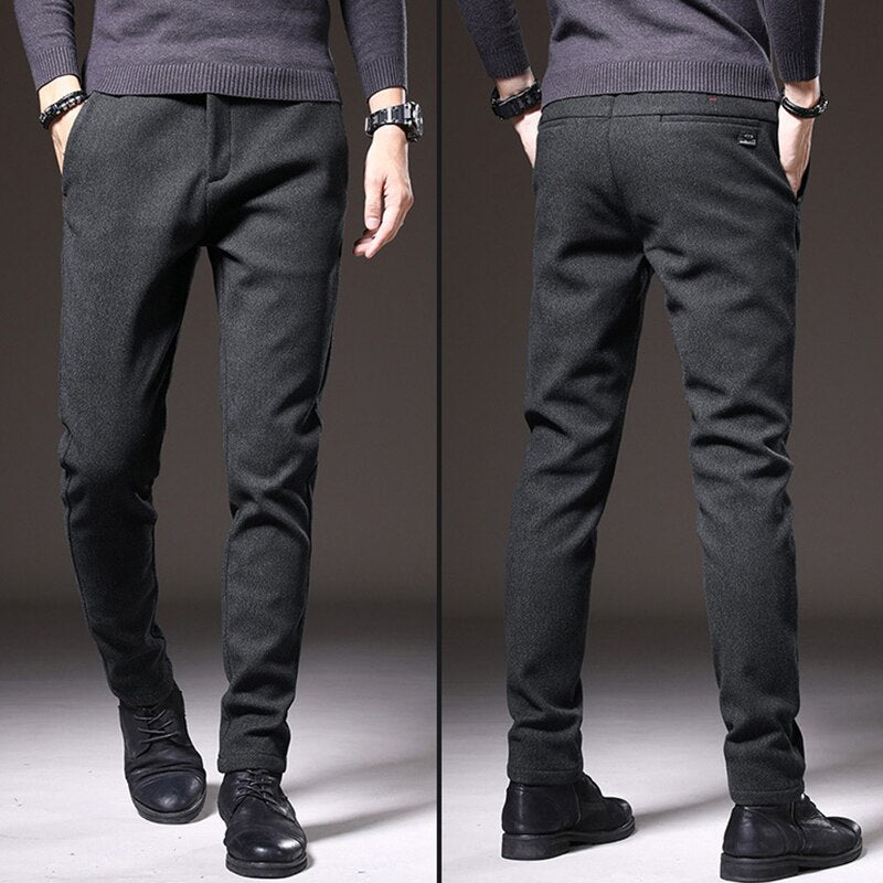 2022 Winter New Men&#39;s Thermal Business Casual Pants Trendy Slim Fit Stretch Thicken Fleece Liner Elegant Cotton Trousers