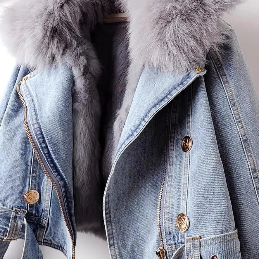 2023 New Women Faux Fox Fur Collar Jean Coat Winter Jacket Female Short Warm Parkas Rabbit Hair Lining Outwear Fashion Overcoat