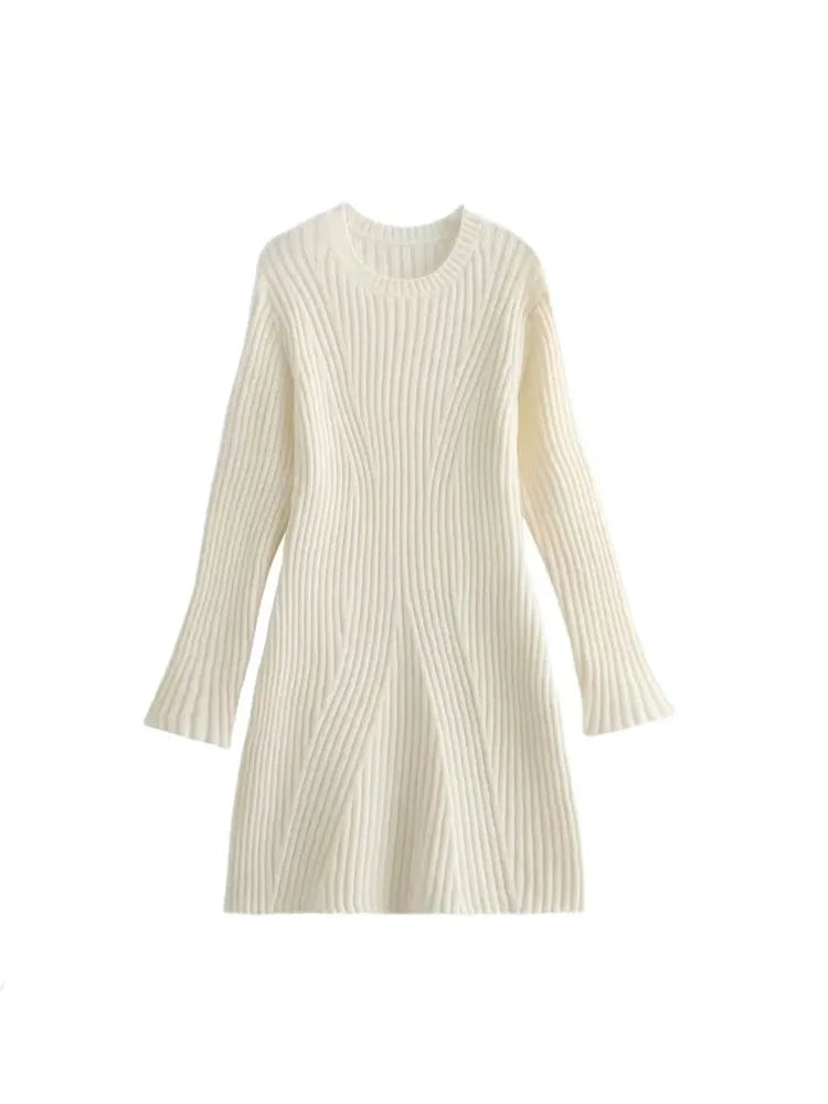TRAF Women Knitted Dress 2023 Autumn Winter Women Elegant Solid Ribbed Mini Dresses For Women Long Sleeve Party Dresses