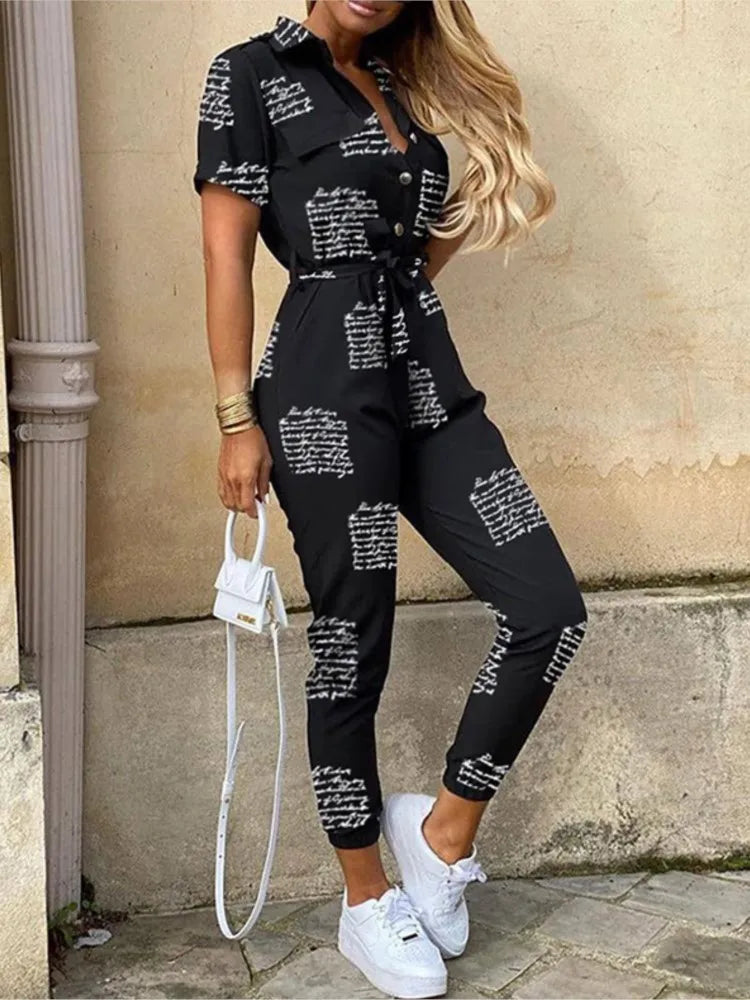 Summer Women's New Fashion Flip Collar Button Print Belt Lace Up Work Dress Casual Capris Jumpsuit Office