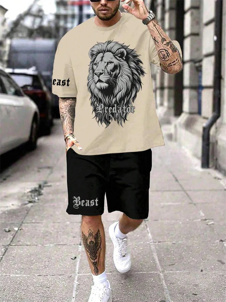 2024 New Crew Neck Short Sleeve T-shirt Fashion Shorts Set 3D Lion Print Short Sleeve Shorts 2-piece Men's Summer Sports Set