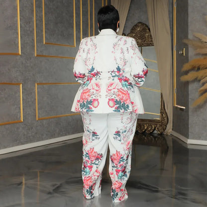 CM.YAYA Plus Size Women's Set Long Sleeve Floral Print Blazer +Wide Leg Pants Suit  Fall Two 2 Piece Set Outfits Tracksuit
