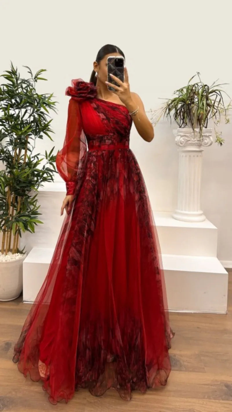 2025 Women Evening Dress Off Shoulder Pleated Long Lantern Sleeve Split Hem Maxi Dress Rhinestone Decor High Waist Party Dresses