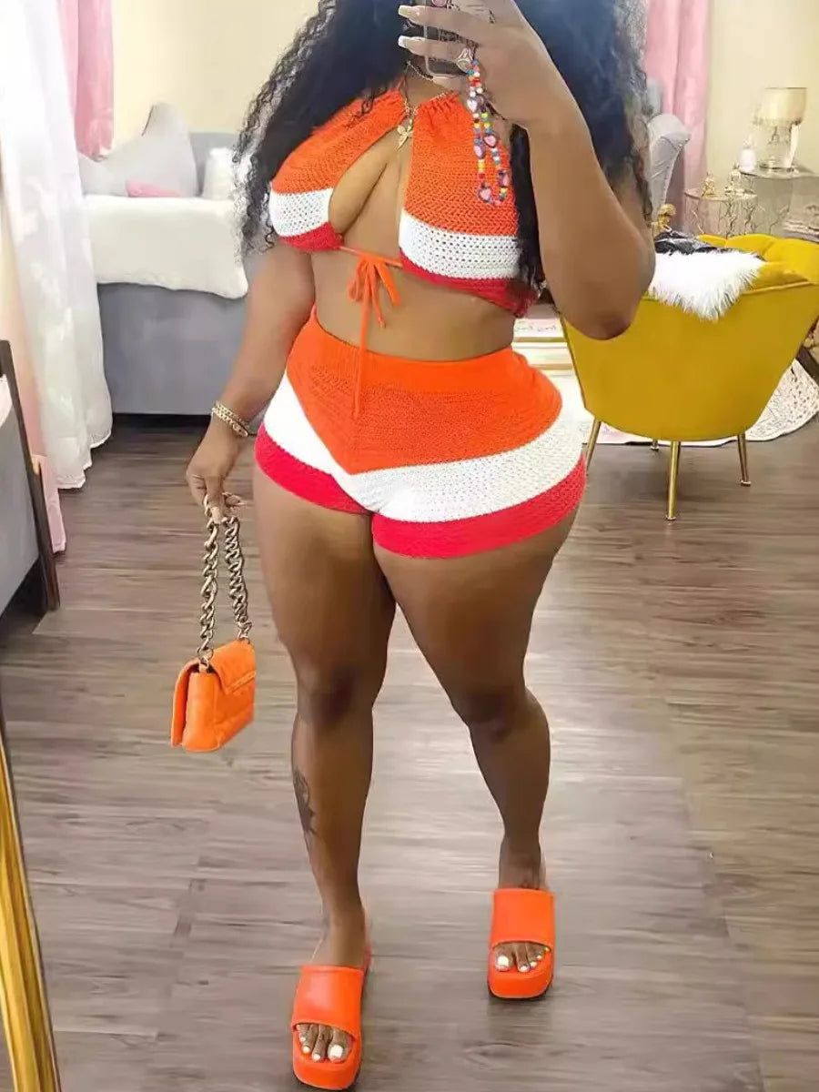 LW Striped Knit Drawstring Shorts Set Women Summer Matching Set Round Neck Sleeveless Color Block Two Pieces Outfit for Vacation