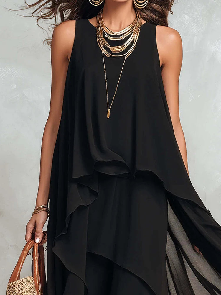 New Women's Sleeveless Black Color Maxi Dress Summer Holiday O Neck Elegant Chic Loose Fashion Ladies Irregular Dress Streetwear