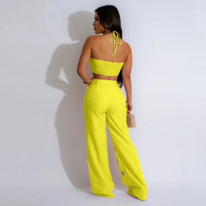 FLARORA Y2k Hole Sequined Wide Leg Pants Streetwear Sexy Solid Halter Sleeveless Backless Tops And Pants Women's Two Pieces Set