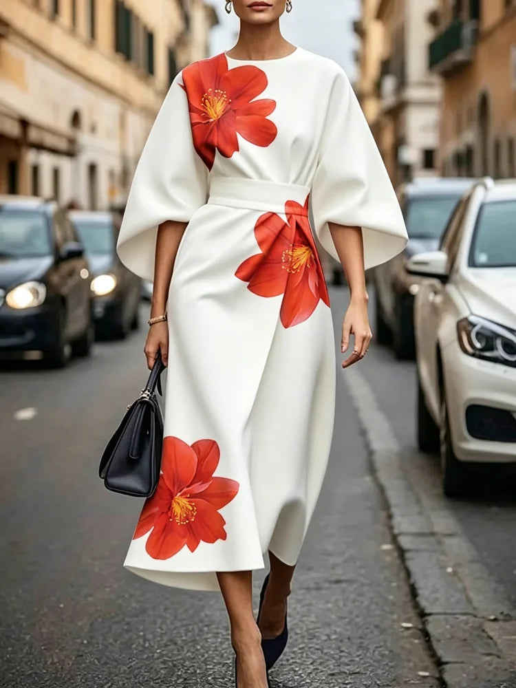 2026 New Women's Elegant Tie-Dye Dress, Smooth Satin Round Neck with Puff Sleeves and High-Waisted Belt, Deep Red Floral Print, US Sizing, Shipped from US Warehouse, Fast Delivery, Luxurious Minimalist Spring/Summer Dress, Pe