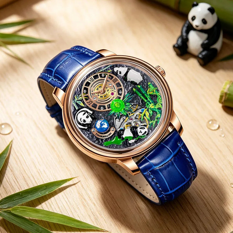 PINDU Three-dimensional Panda Dial Watches for Men High-end Luxury Transparent Hollowed Fully Automatic Mechanical Wristwatch