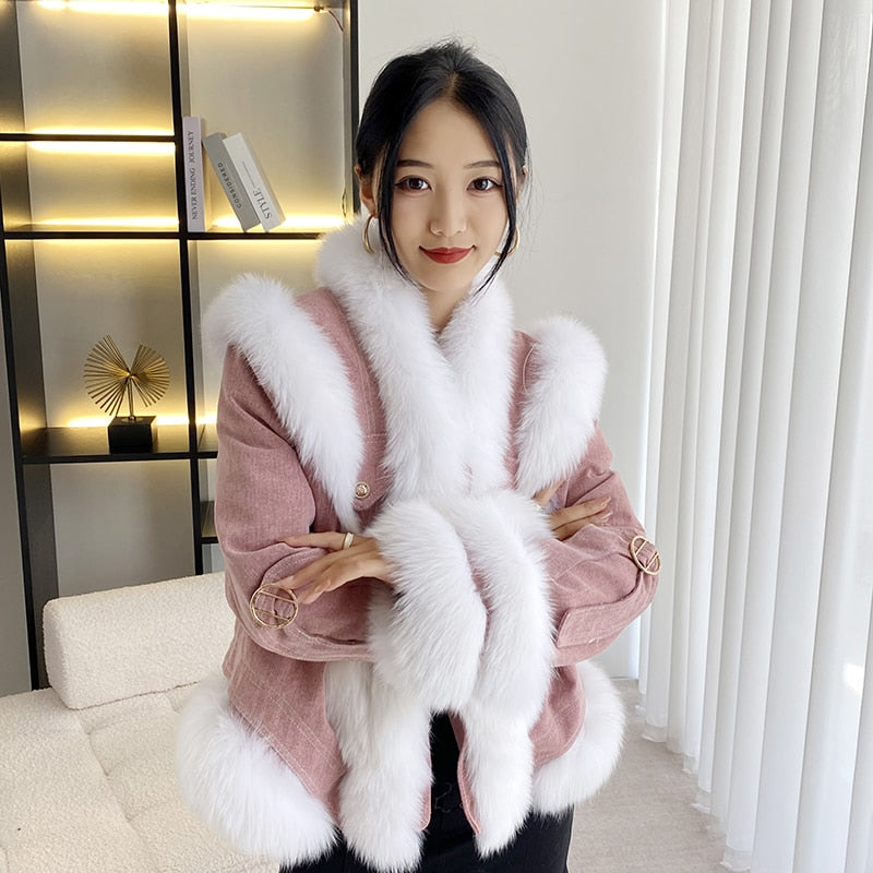 2023 Winter New Imported Fox Fur Denim Coat White Goose Down Jacket Loose Female Short Top