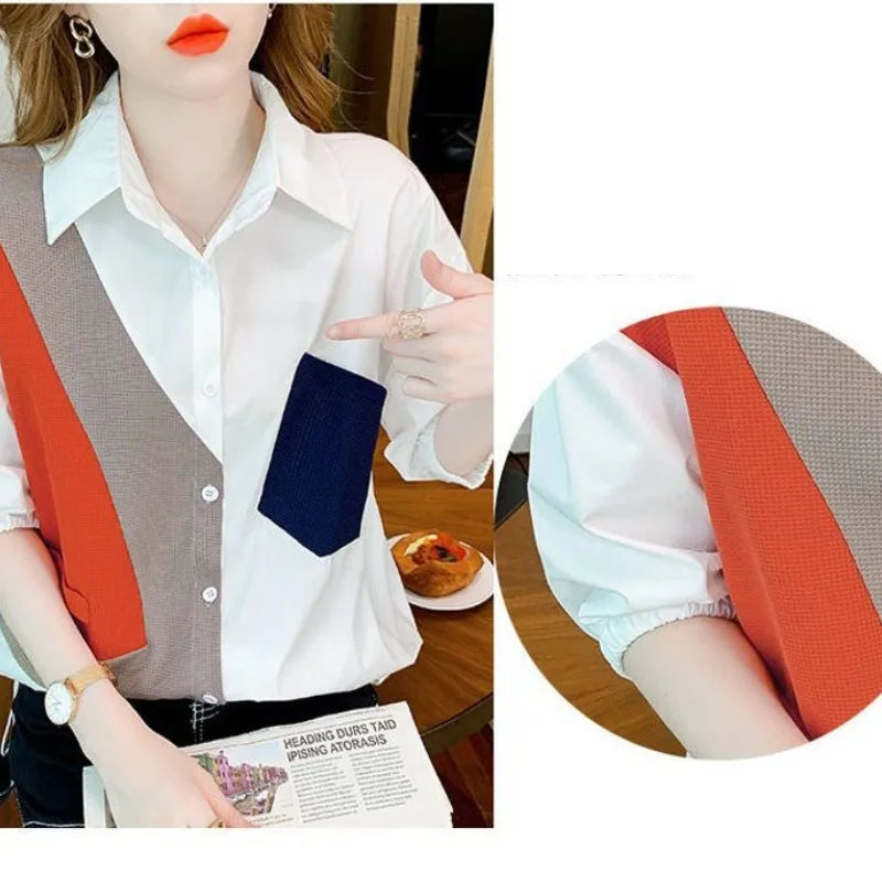 Women's Spring Autumnturn-down Collar Button Solid Patchwork Pockets Long Sleeve Cardigan Shirt Coats Casual Elegant Tops