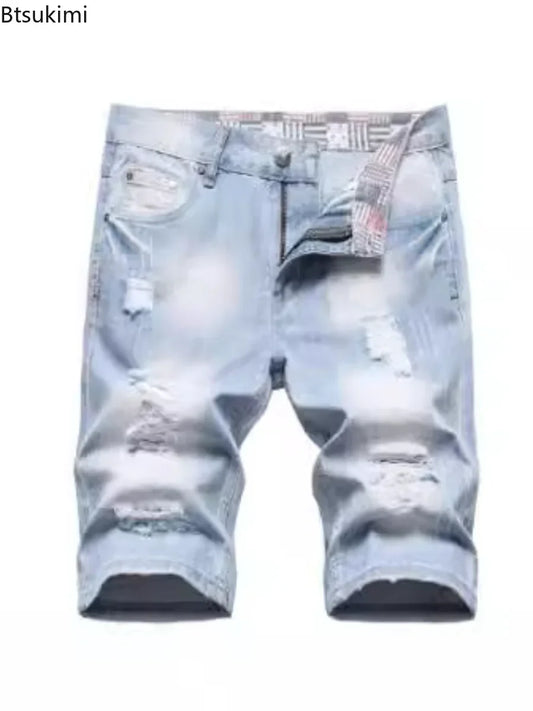 2026 New Summer Shorts Men's Ripped Stretch Slim Jeans Fashion Men's Straight Denim Pants Hip Hop Street Style Broke Hole Shorts