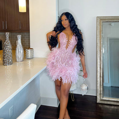 Luxury Sheer Neckline Women Cocktail Dress Pink Feather Black Girl Short Prom Dresses  For Birthday Party
