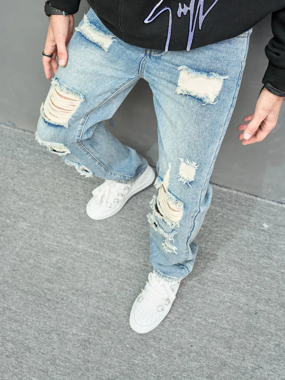 New Simple Men Loose Ripped Straight Jeans Pants Male Streetwear Stylish Casual Denim Trousers