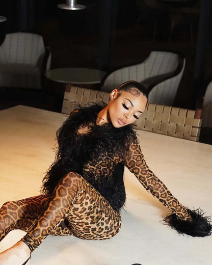 CM.YAYA Fashion Mesh See Though Women's Set Feather Side Long Sleeve Crop Top and Legging Pants  Sexy Two 2Piece Sets Outfit