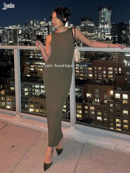 Sleeveless Pleat Knit Dress Round Neck A-line Pit Strip Slim Long Dress Sundress Solid Color Casual Women Summer Dresses