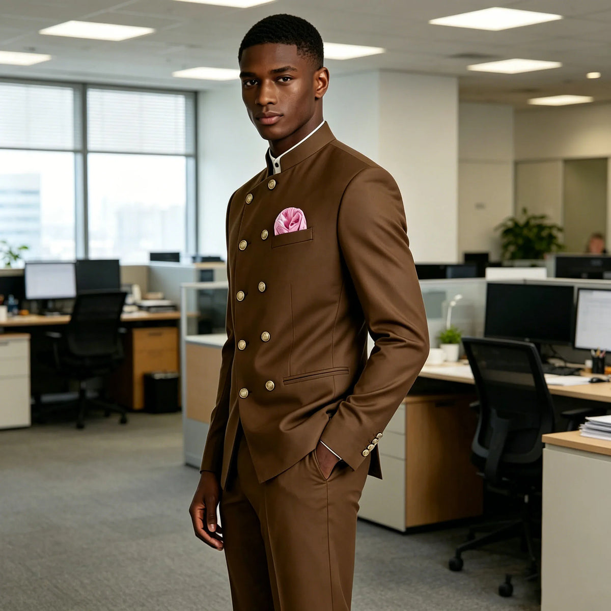 Men's Business Casual Suit 2 Piece Brown Mandarin Collar Double Breasted With Gold Buttons