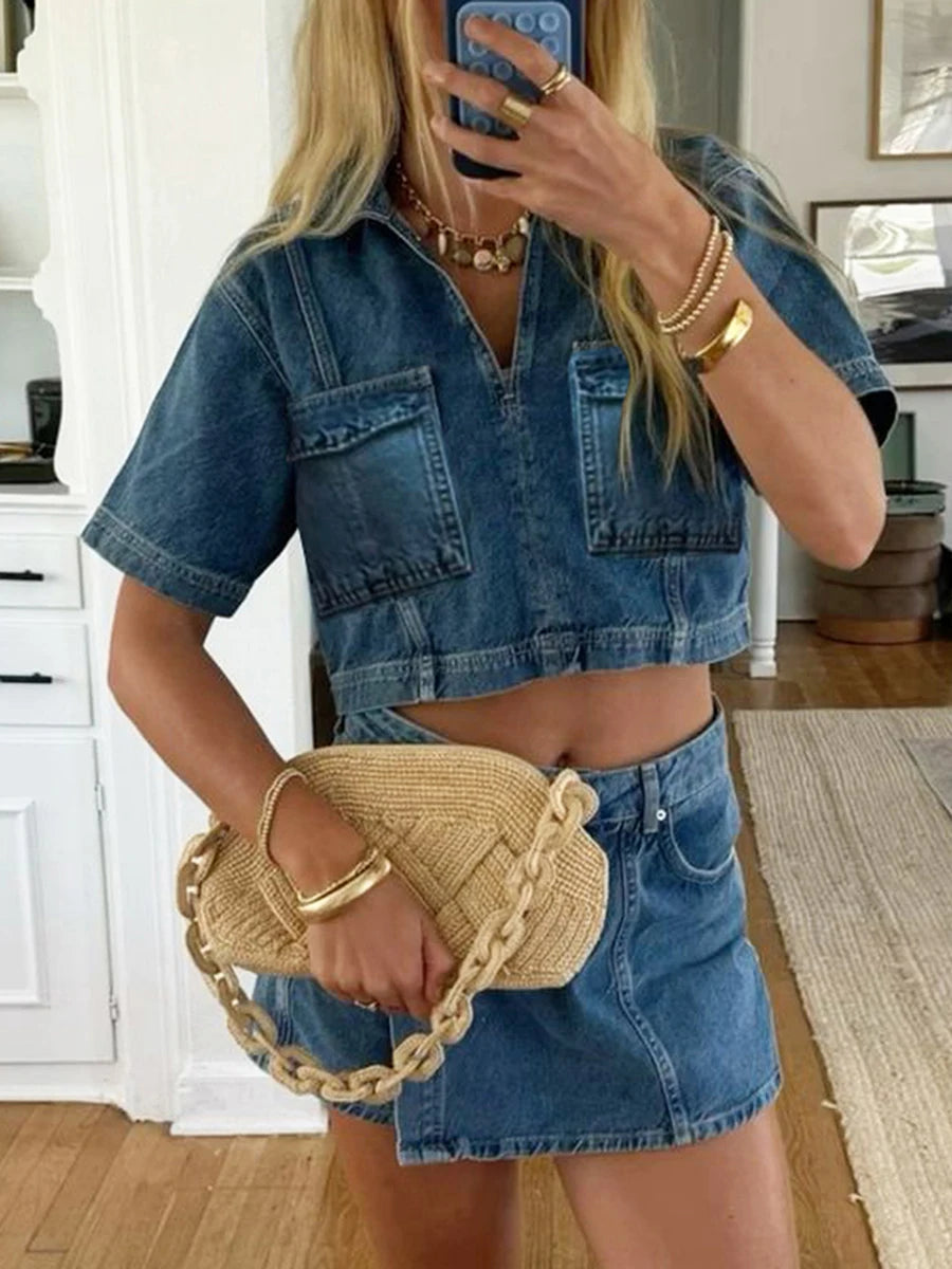 Women’s 2 Piece Denim Outfits Summer Short Sleeve Lapel Jean Pullover Tops and Asymmetrical Shorts Set for Streetwear Grunge Y2K