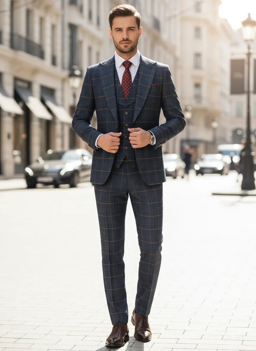 ST Cassy Hochwertiger 3-teiliger karierter Anzug für Herren, stilvolles Business-Büro-Hochzeits-Formelles-Outfit, eleganter Herrenanzug