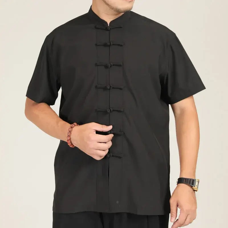 Herren Mandarin-Kragen Hemd im chinesischen Stil Kurzarm Sommer Oversize Formell Lässig Retro Schwarz Weiß Übergröße 6XL 7XL 8XL 10XL