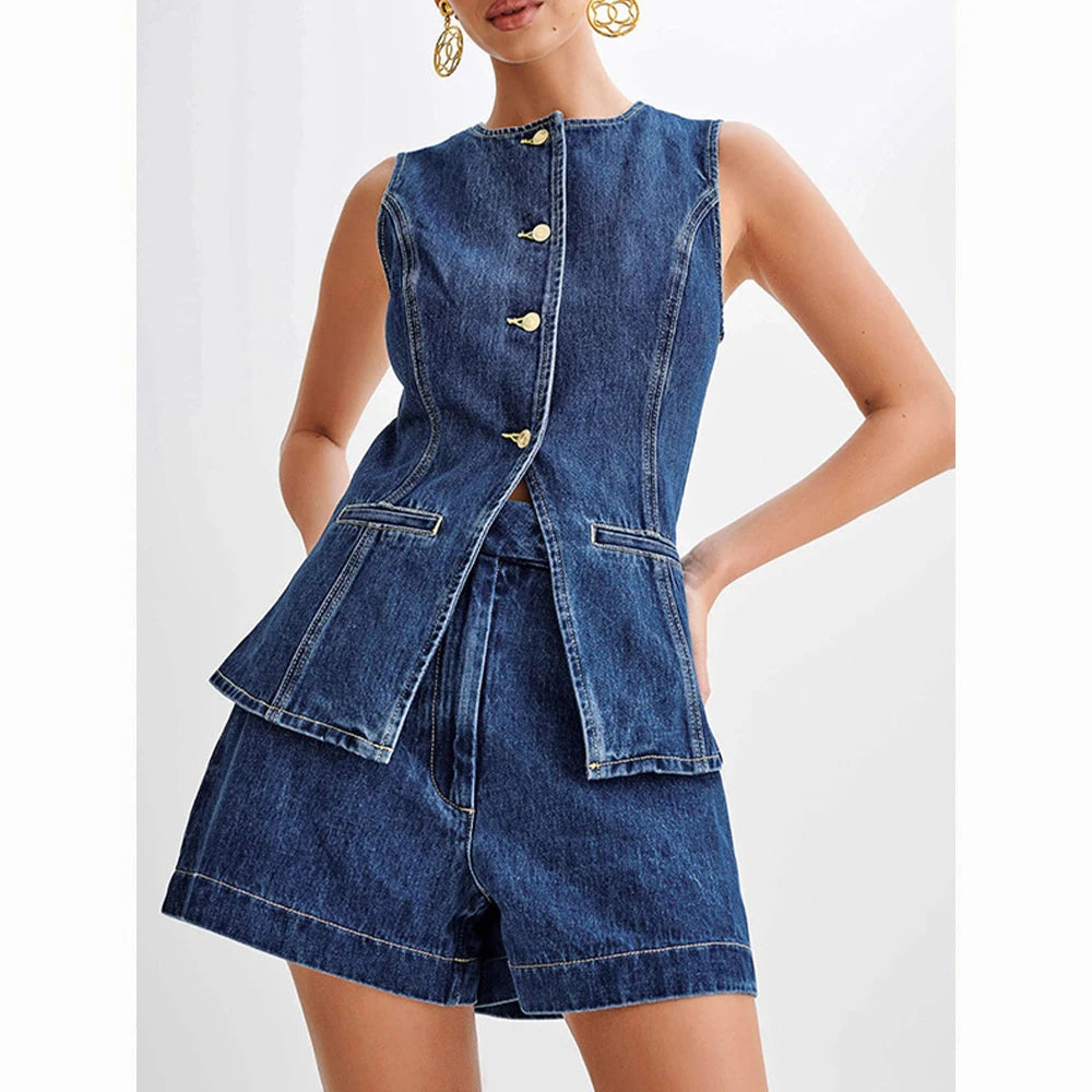 EOTVOTEE Streetwear Slim Sleeveless Denim Top for Women Fashion Casual High Waist Denim Shorts 2025 New Spring Summer Short Sets