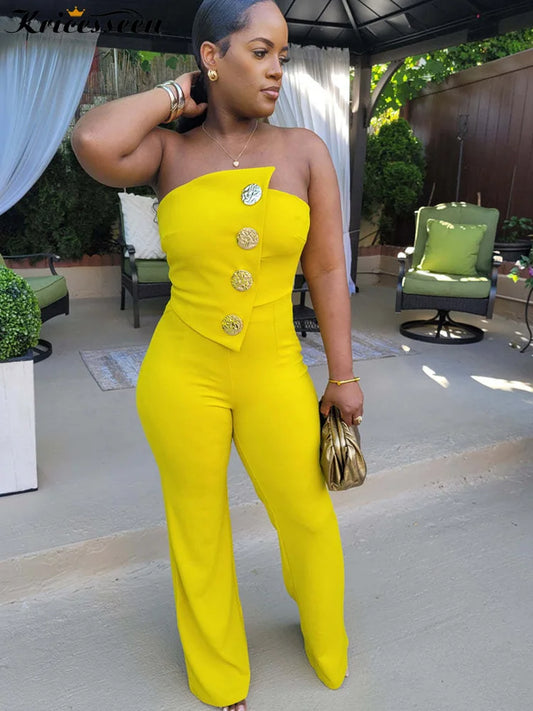 Kricesseen Elegant Off Shoulder Button Details Women's Jumpsuits Rompers Yellow Outfits Night Club Overalls Vacation Rompers