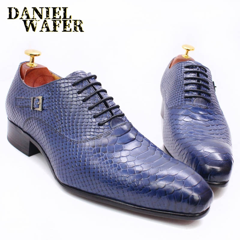 Fashion Men Dress Leather Shoes Snake Skin Prints Classic Style Wine Blue Coffee Black Lace Up Pointed Men Oxford Formal Shoes