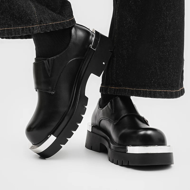 Men Fashion Paris Derby Shoes Punk Style Metal Big Head Double Breasted Decoration New Thick Bottom Height Increase Men's Dress Shoes