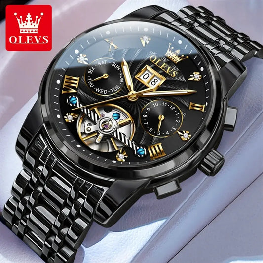 OLEVS Classic Men's Watches Tourbillon Multi-function Full Automatic Men Watch High end Male Wristwatches with black stainless steel band.
