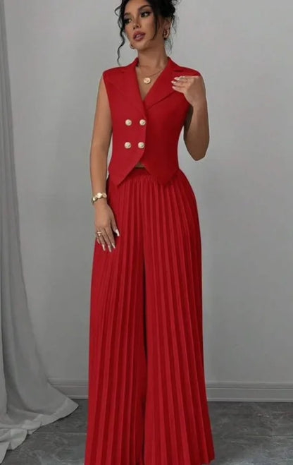 Summer Women's Fashionable Casual Lapel Suit Elegant Commuting Solid Color Sleeveless Top + Trousers Sexy Two-piece Set