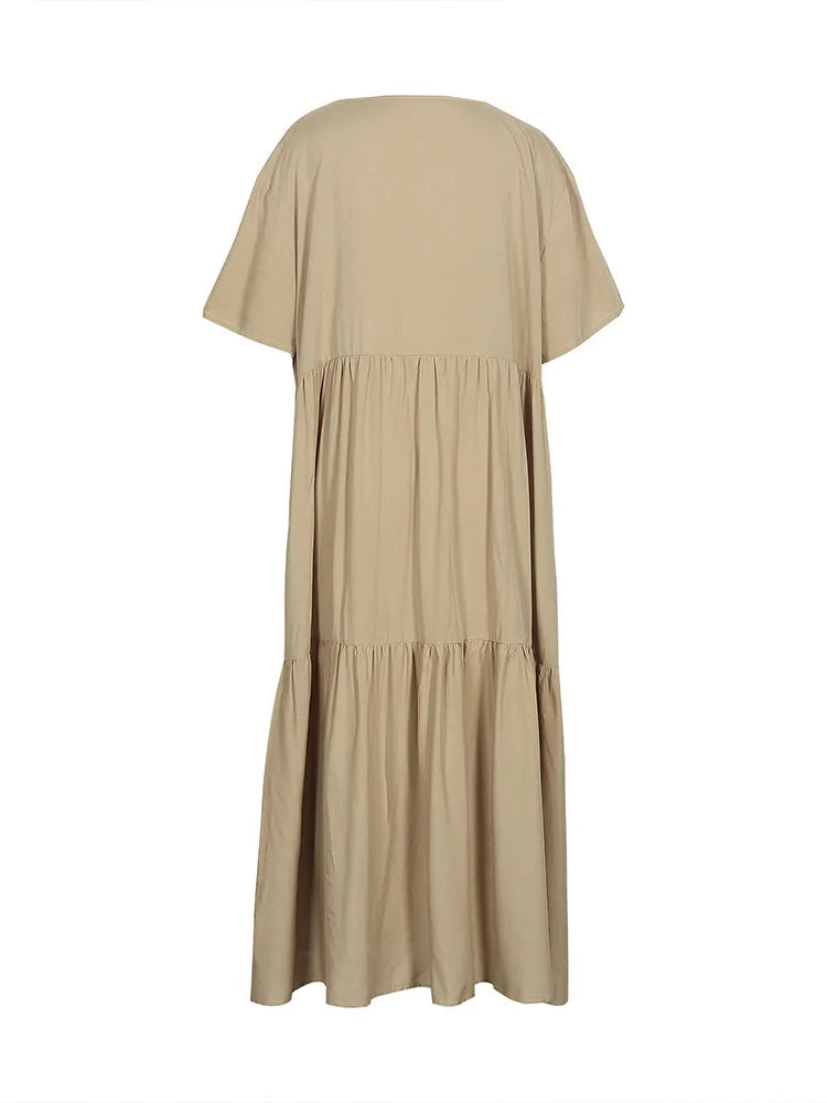Damen Übergröße Lässiges lockeres V-Ausschnitt Einfarbiges langes Kleid Frühling Sommer Plissee Big Size Damenkleid